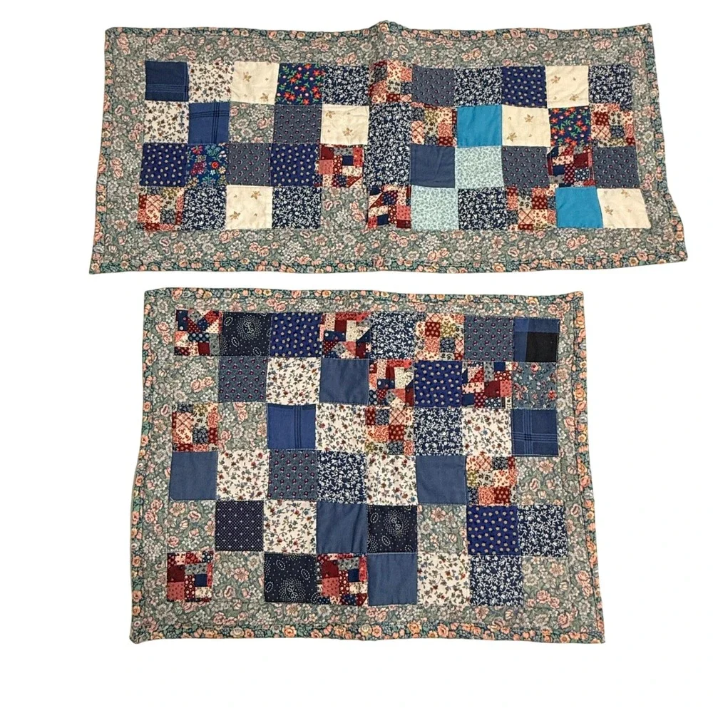 Handmade Vintage Patchwork Table Runner Placemat Set Blue Cotton Quilt